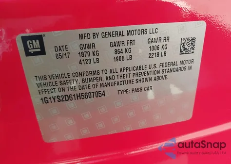 2017 Chevrolet Corvette Z06 z USA, uszkodzony, nr VIN 1G1YS2D61H5607054